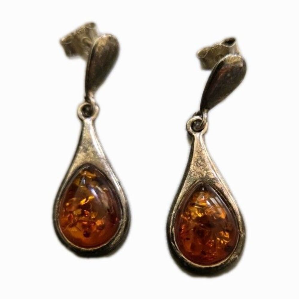 Vintage 925 Sterling Silver Baltic Amber Dangling Stud Earrings 3.6 grams 1 1/4"